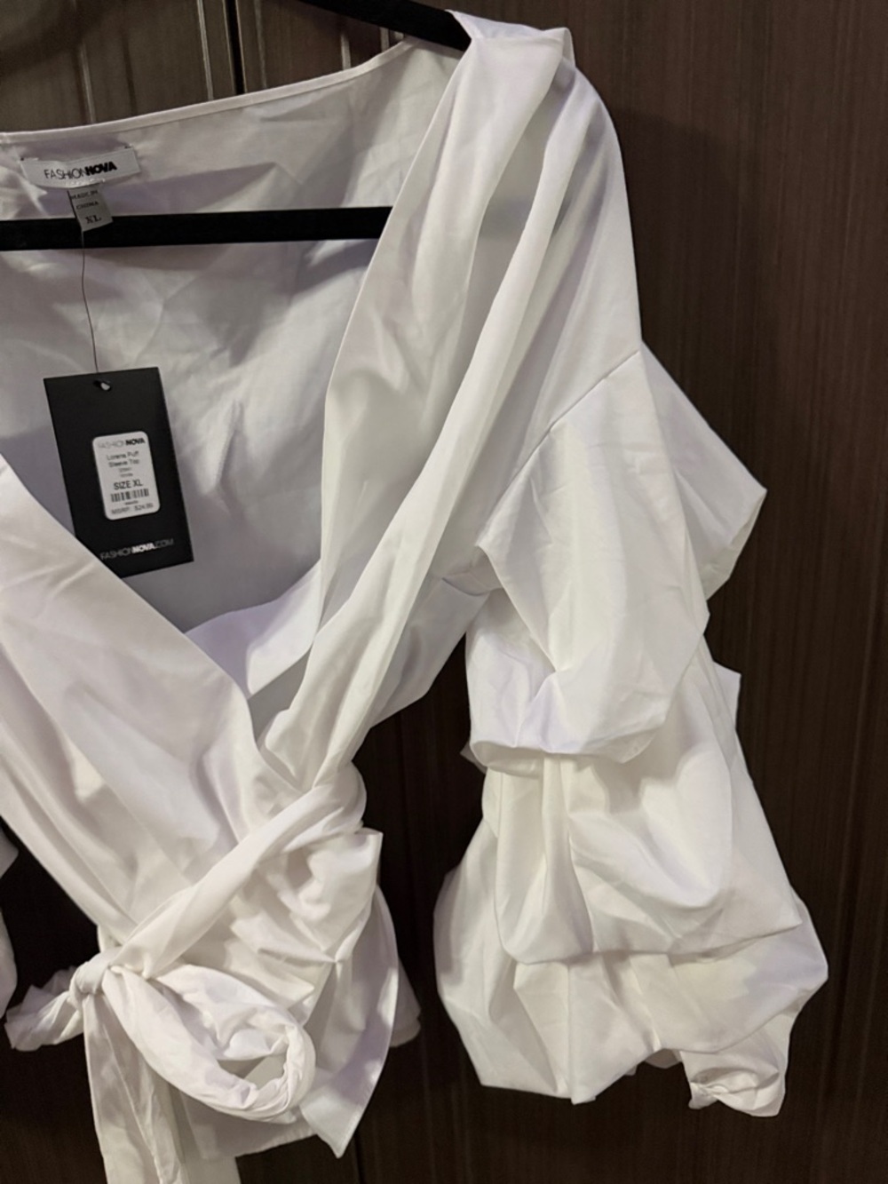 Fashion Nova White Puff Sleeve Wrap Top with Tie - Picture 5 of 7
